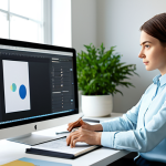 A professional designer, fully clothed in a modest, contemporary business casual outfit, is seated at a clean, ergonomic desk in a modern, sunlit design studio. On their large monitor, a sophisticated UI/UX wireframe is displayed, while on the desk, there's a sketchbook open next to a digital tablet, symbolizing the transition from traditional visual design to user experience. The designer's posture is natural and engaged, looking thoughtfully at the screen. The background features blurred shelves with design books and a subtle plant. The lighting is soft and professional, capturing a scene of continuous learning and adaptation, safe for work, appropriate content, fully clothed, professional, perfect anatomy, correct proportions, natural pose, well-formed hands, proper finger count, natural body proportions, high-quality professional photography, detailed, sharp focus, clean aesthetic.
