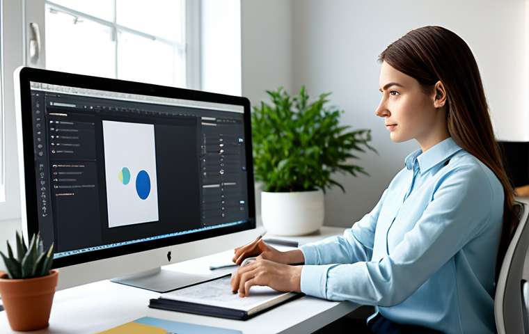 A professional designer, fully clothed in a modest, contemporary business casual outfit, is seated at a clean, ergonomic desk in a modern, sunlit design studio. On their large monitor, a sophisticated UI/UX wireframe is displayed, while on the desk, there's a sketchbook open next to a digital tablet, symbolizing the transition from traditional visual design to user experience. The designer's posture is natural and engaged, looking thoughtfully at the screen. The background features blurred shelves with design books and a subtle plant. The lighting is soft and professional, capturing a scene of continuous learning and adaptation, safe for work, appropriate content, fully clothed, professional, perfect anatomy, correct proportions, natural pose, well-formed hands, proper finger count, natural body proportions, high-quality professional photography, detailed, sharp focus, clean aesthetic.