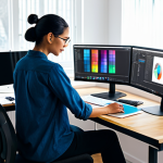 **

"A professional graphic designer, fully clothed in modest, modern attire, working on a digital design project at a brightly lit desk. The scene includes design software on a computer screen, various color palettes, and design books in the background. The overall aesthetic is clean, professional, and inspires creativity. perfect anatomy, correct proportions, natural pose, safe for work, appropriate content, fully clothed, professional, high quality"

**