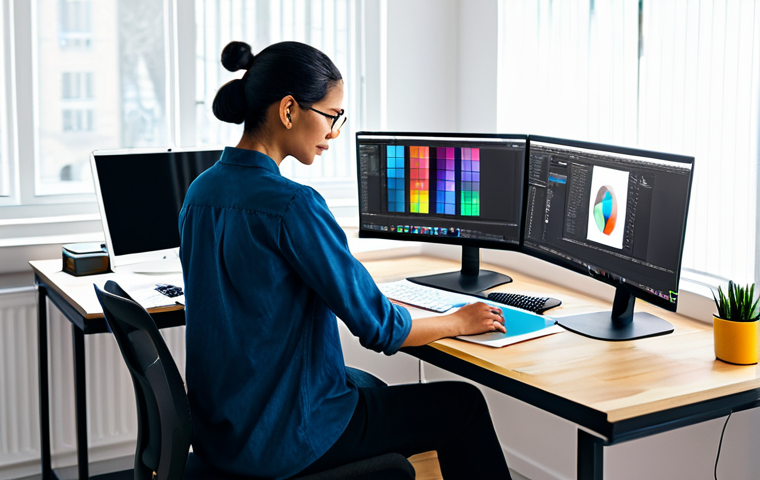 **
"A professional graphic designer, fully clothed in modest, modern attire, working on a digital design project at a brightly lit desk. The scene includes design software on a computer screen, various color palettes, and design books in the background. The overall aesthetic is clean, professional, and inspires creativity. perfect anatomy, correct proportions, natural pose, safe for work, appropriate content, fully clothed, professional, high quality"
**