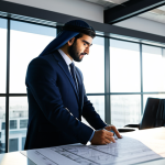 **A professional Arab architect in a modest, modern office, reviewing blueprints for a stunning, sustainable building design. Sunlight streams through the large windows, illuminating the intricate details of the plans. Fully clothed, appropriate attire, safe for work, perfect anatomy, natural proportions, professional.**