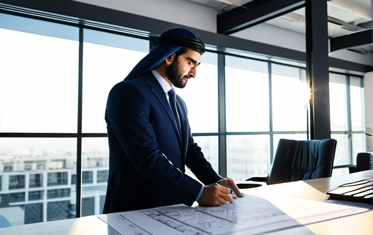 **A professional Arab architect in a modest, modern office, reviewing blueprints for a stunning, sustainable building design. Sunlight streams through the large windows, illuminating the intricate details of the plans. Fully clothed, appropriate attire, safe for work, perfect anatomy, natural proportions, professional.**