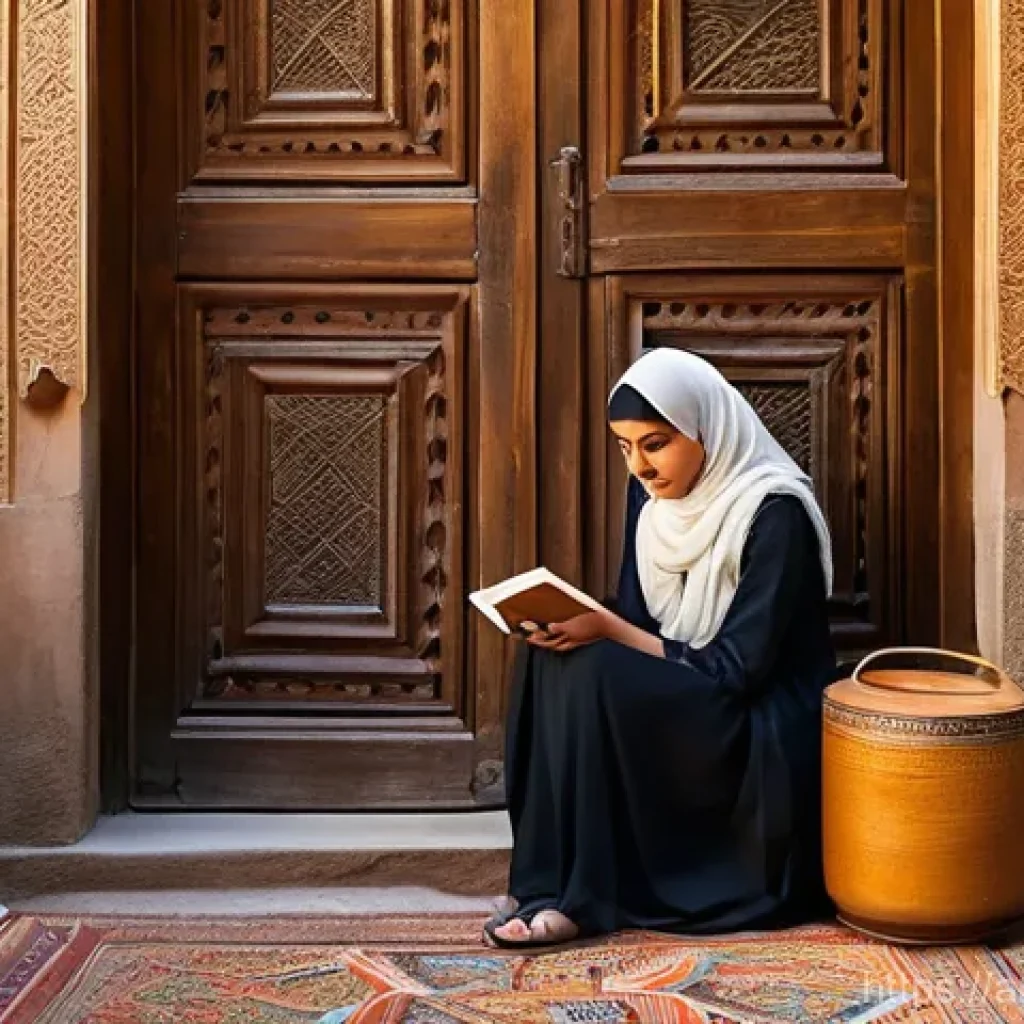 시각디자인 실무에서의 창의성 활용 - A captivating shot of a young, modestly dressed Arab female designer, with a hijab, sitting on a low...