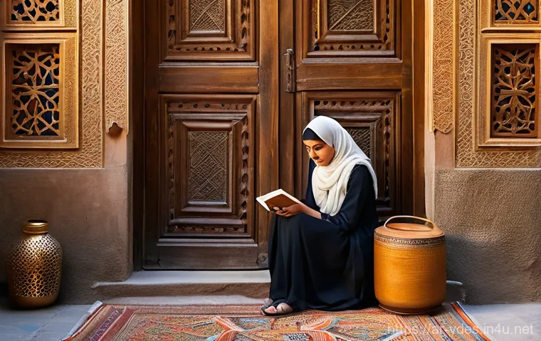 시각디자인 실무에서의 창의성 활용 - A captivating shot of a young, modestly dressed Arab female designer, with a hijab, sitting on a low...