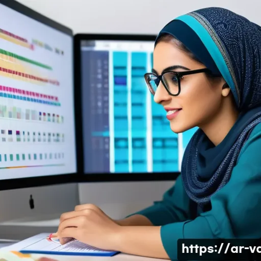 시각디자인 분야 추천 도서 - A professional Arab female graphic designer in modern modest attire, wearing stylish glasses and wor...