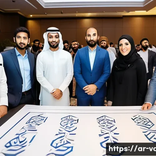 Home 29 시각디자인 업계 이벤트 참여 방법 - A vibrant scene at an Arab visual design conference held in Dubai, showcasing a diverse group of des...