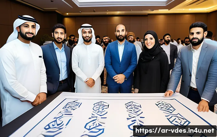 시각디자인 업계 이벤트 참여 방법 - A vibrant scene at an Arab visual design conference held in Dubai, showcasing a diverse group of des...