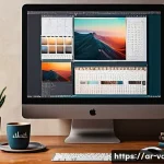 Home 16 시각디자인의 성장 경로 - A modern graphic designer workspace set in a cozy Middle Eastern home office, featuring a sleek comp...