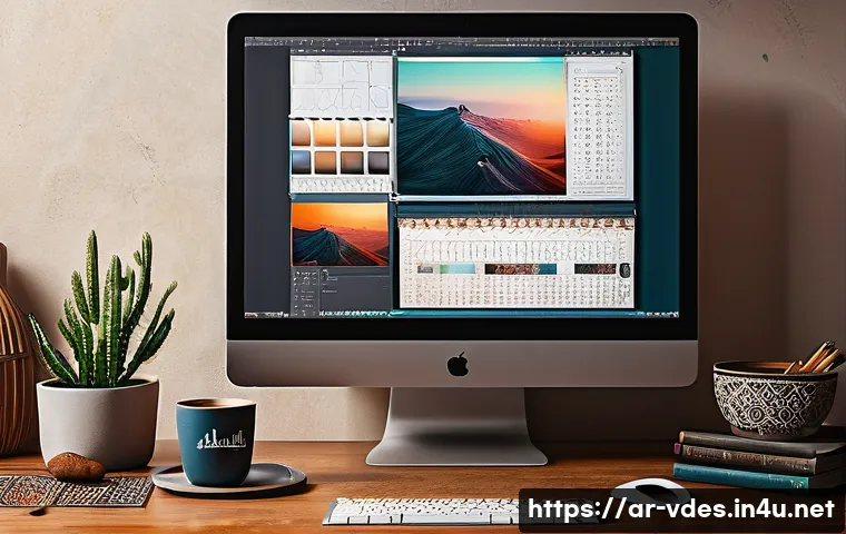 시각디자인의 성장 경로 - A modern graphic designer workspace set in a cozy Middle Eastern home office, featuring a sleek comp...