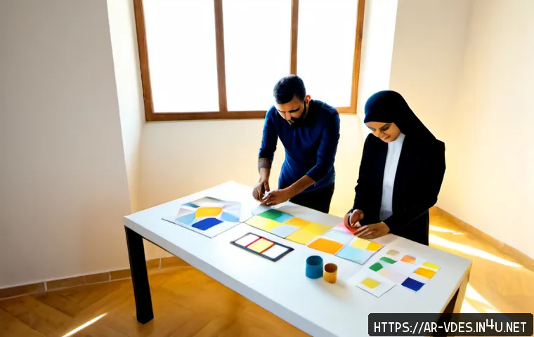 시각디자인의 디자인 사고법 - Photorealistic visual design thinking workshop in a contemporary Arab creative studio, diverse Middl...